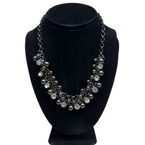 Rhinestone Beaded Cluster Statement Bib Necklace Silver Tone Ball Chain 8 in L